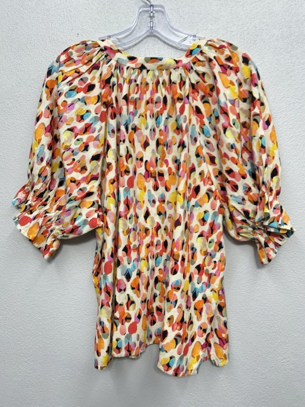 Liverpool Multicolor Puff-Sleeve Blouse XL Dot Print V Neck Short Sleeve READ